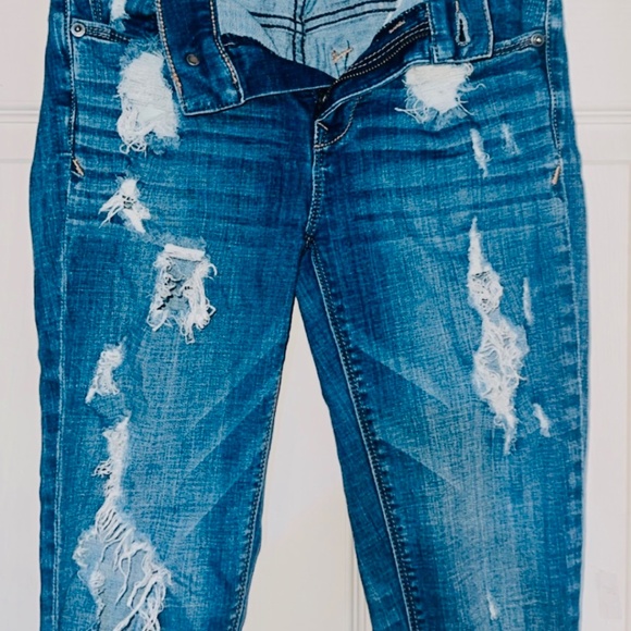 Express Mid Rise Distressed Ripped Skinny Ankle Blue Jeans - Picture 5 of 7